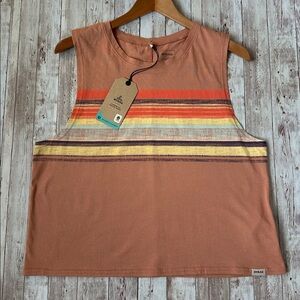 PrAna Womens Organic Cotton Graphic Sleeveless Tank Top sz Large Pink Sand Baja